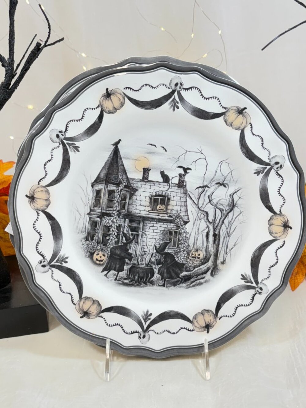 Halloween Melamine Witch Coven Black Cat Pumpkin Bats Dinner Plates Set 4 RARE